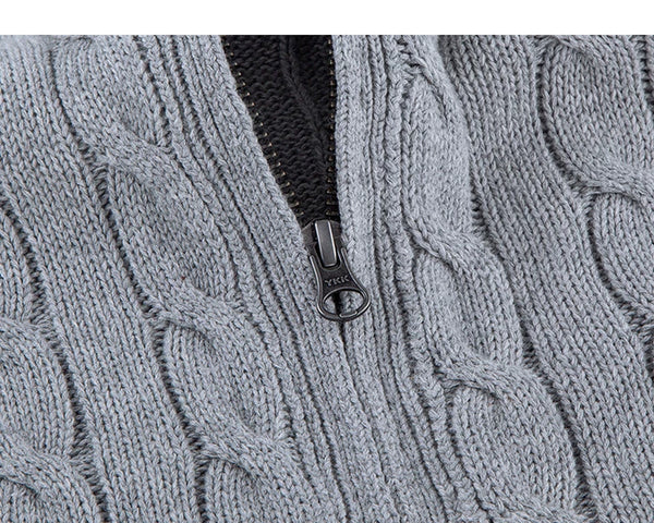 IDLT cable knit zip sweater, gray zipper pull.