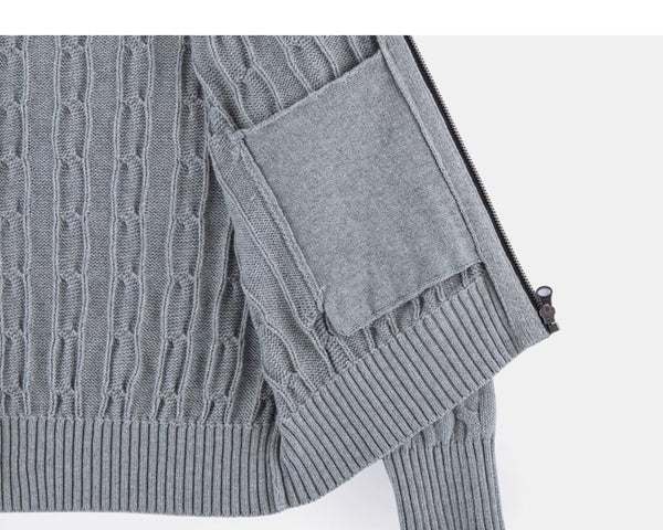 IDLT cable knit zip sweater, gray inner pocket.