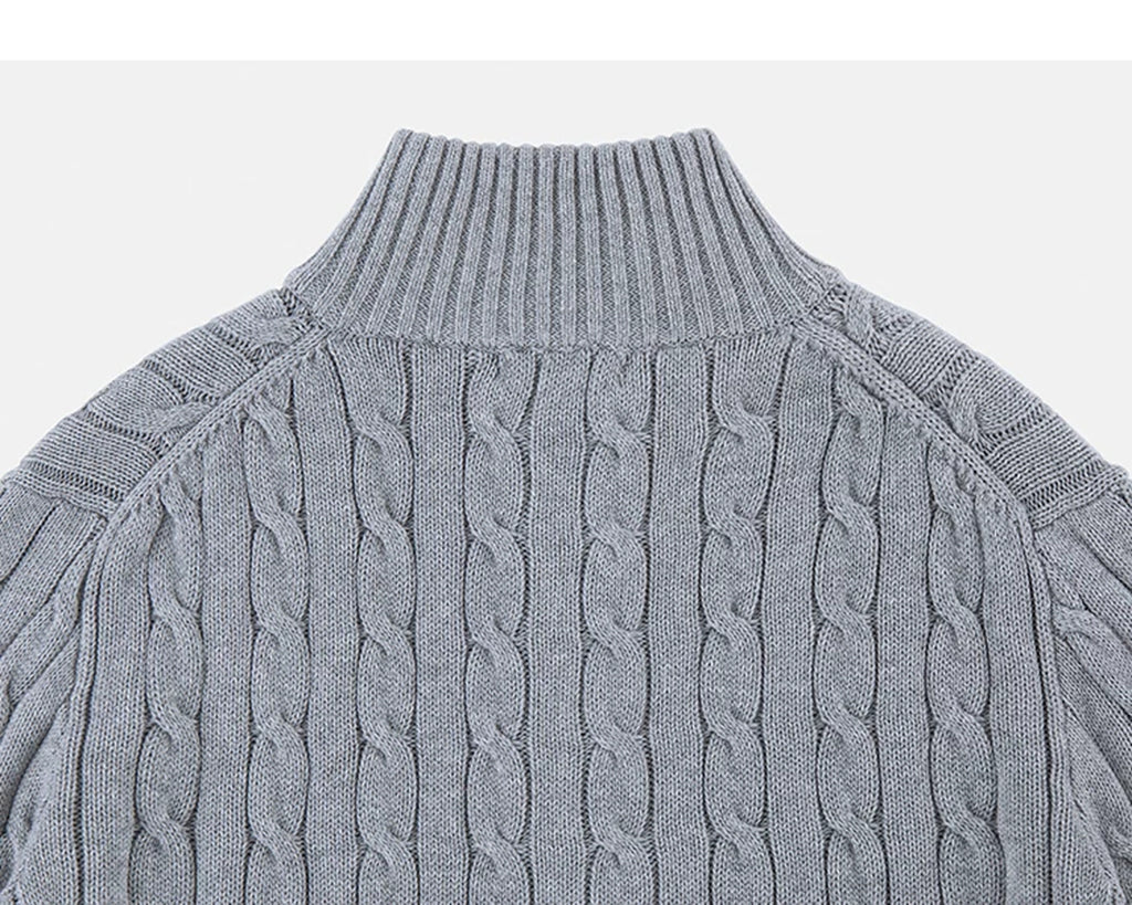IDLT cable knit zip sweater, gray back collar.