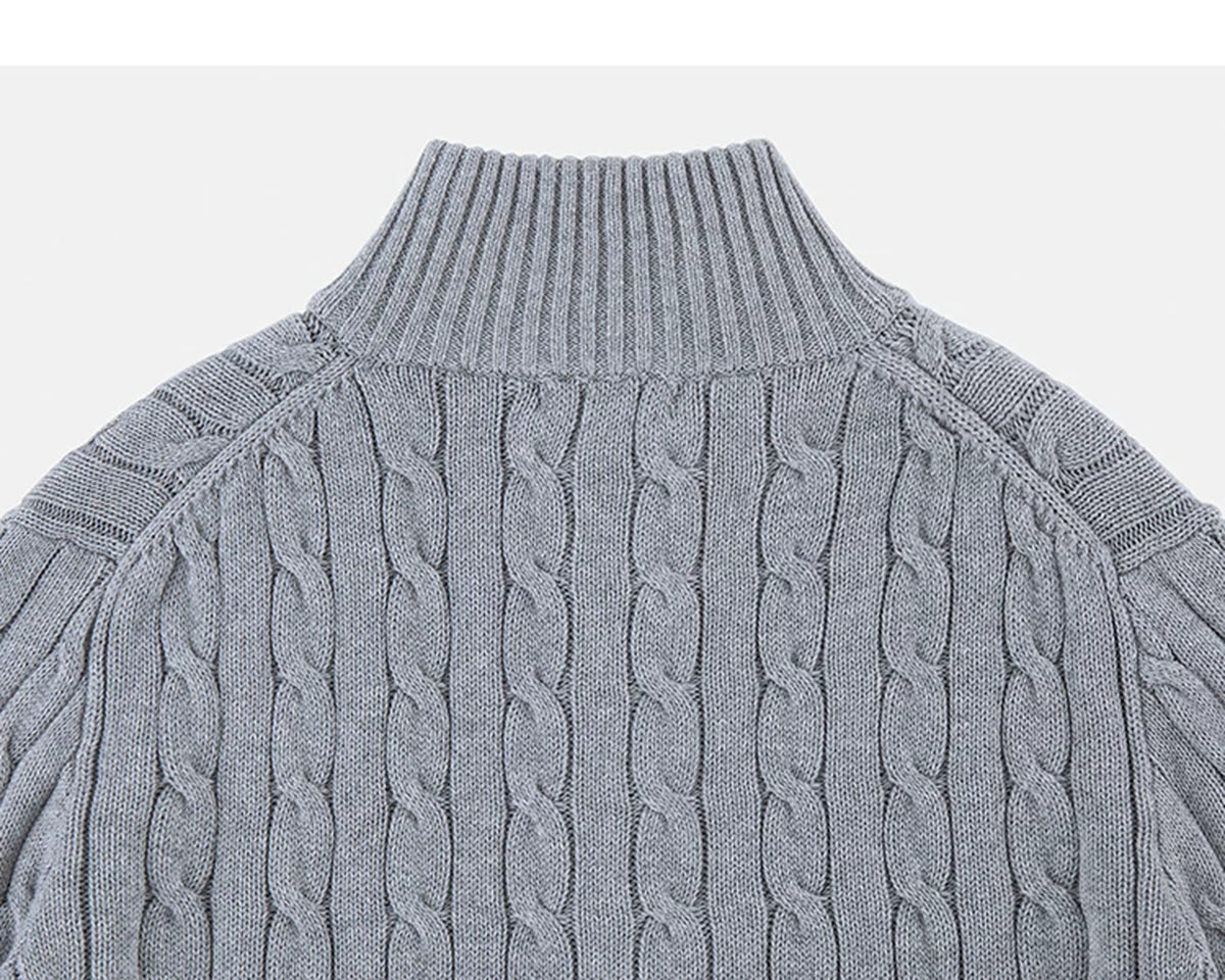 IDLT cable knit zip sweater, gray back collar.