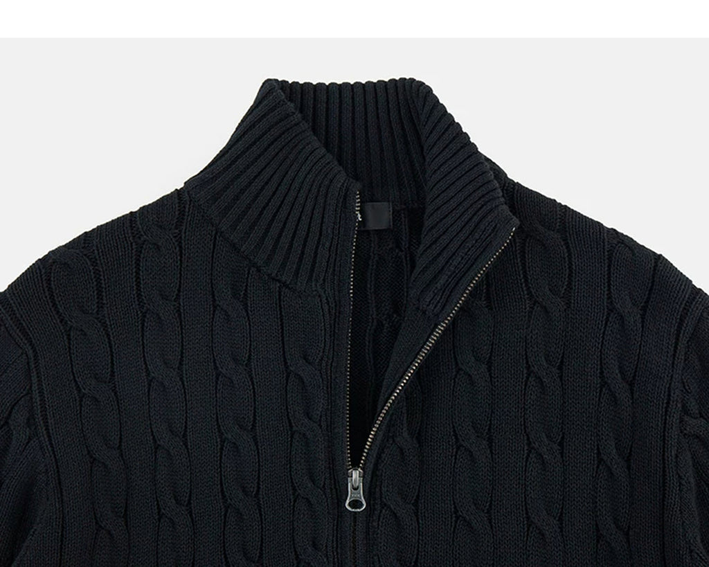 IDLT cable knit zip sweater, black stand collar.