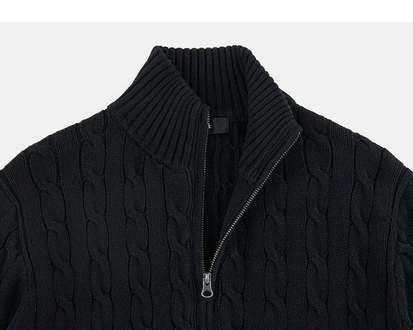 IDLT cable knit zip sweater, black stand collar.