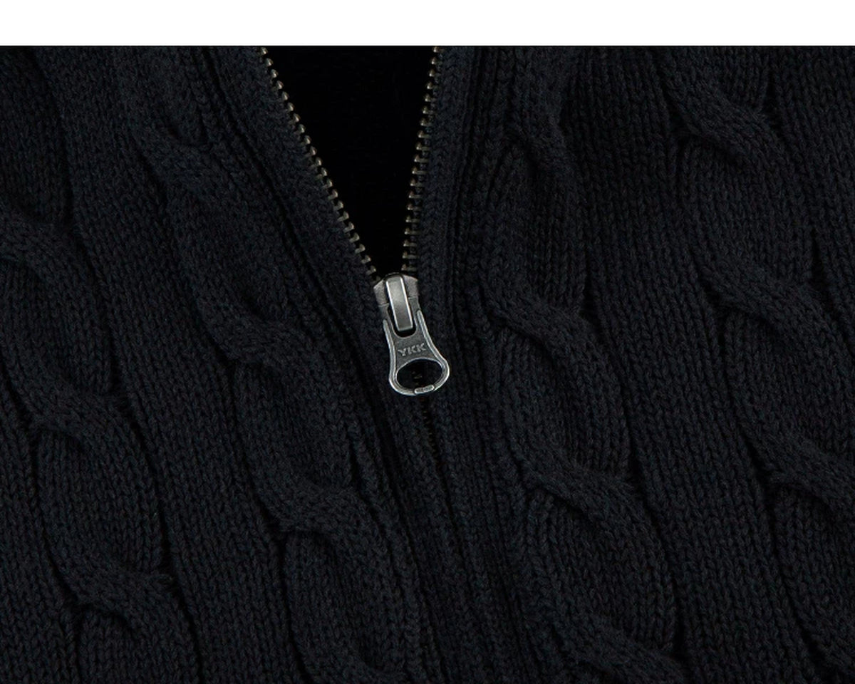 IDLT cable knit zip sweater, black zipper pull.