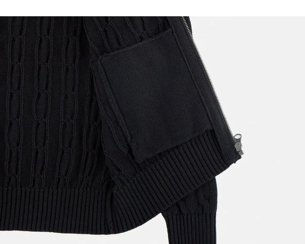 IDLT cable knit zip sweater, black inner pocket.