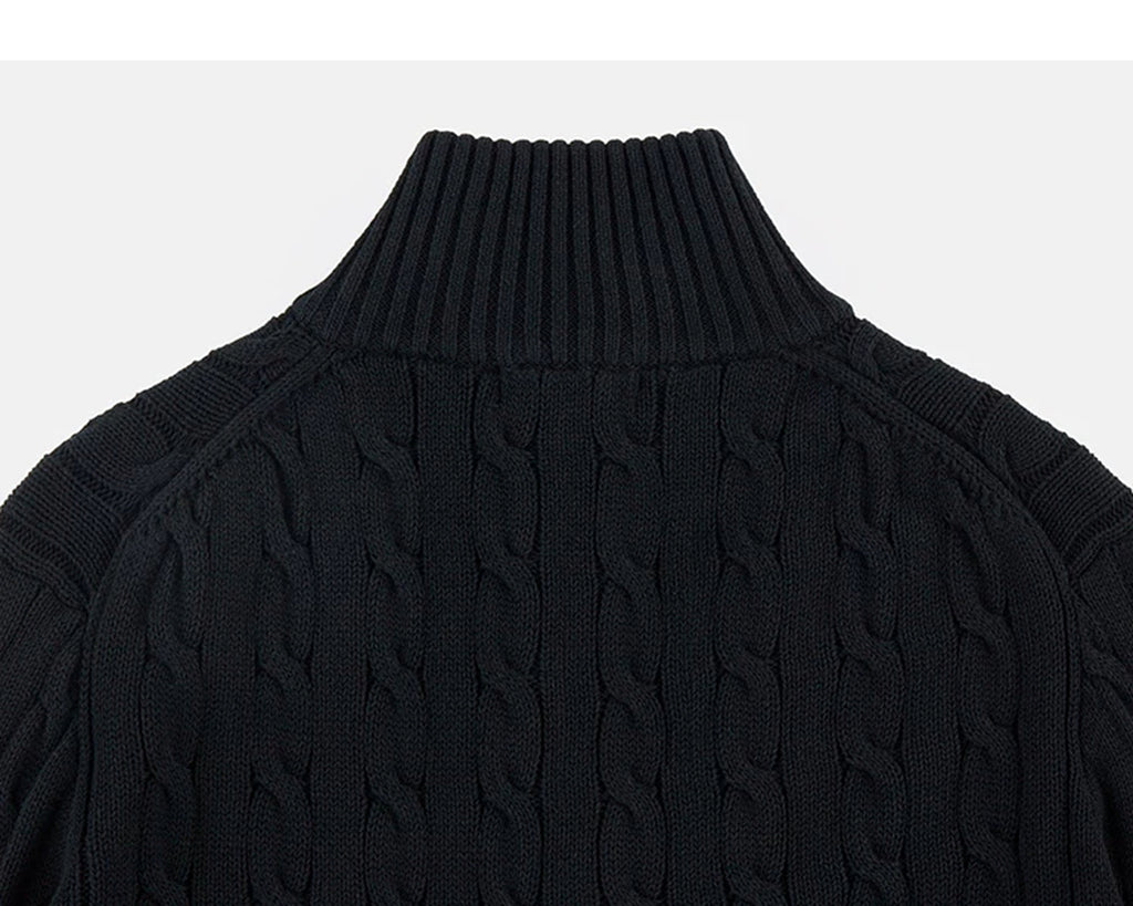 IDLT cable knit zip sweater, black back collar.