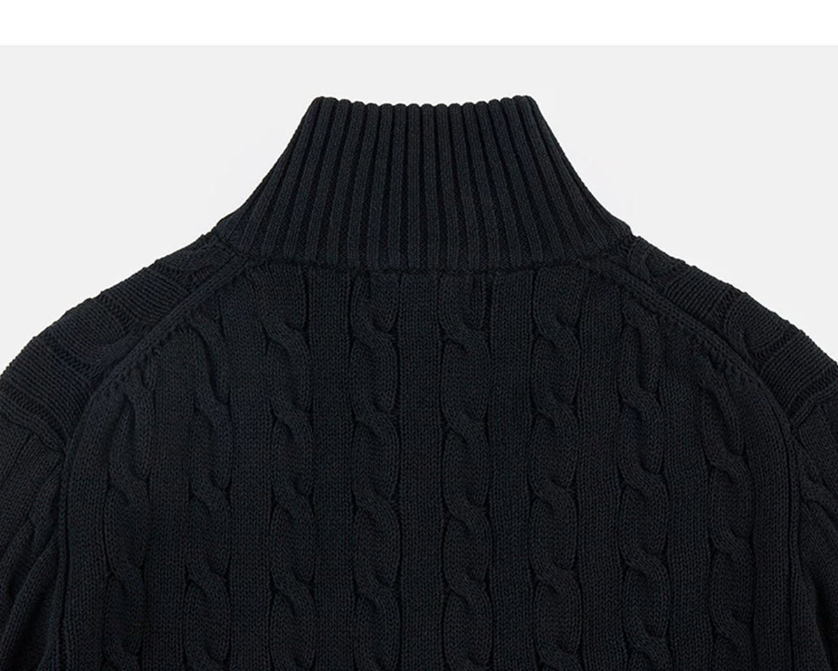 IDLT cable knit zip sweater, black back collar.