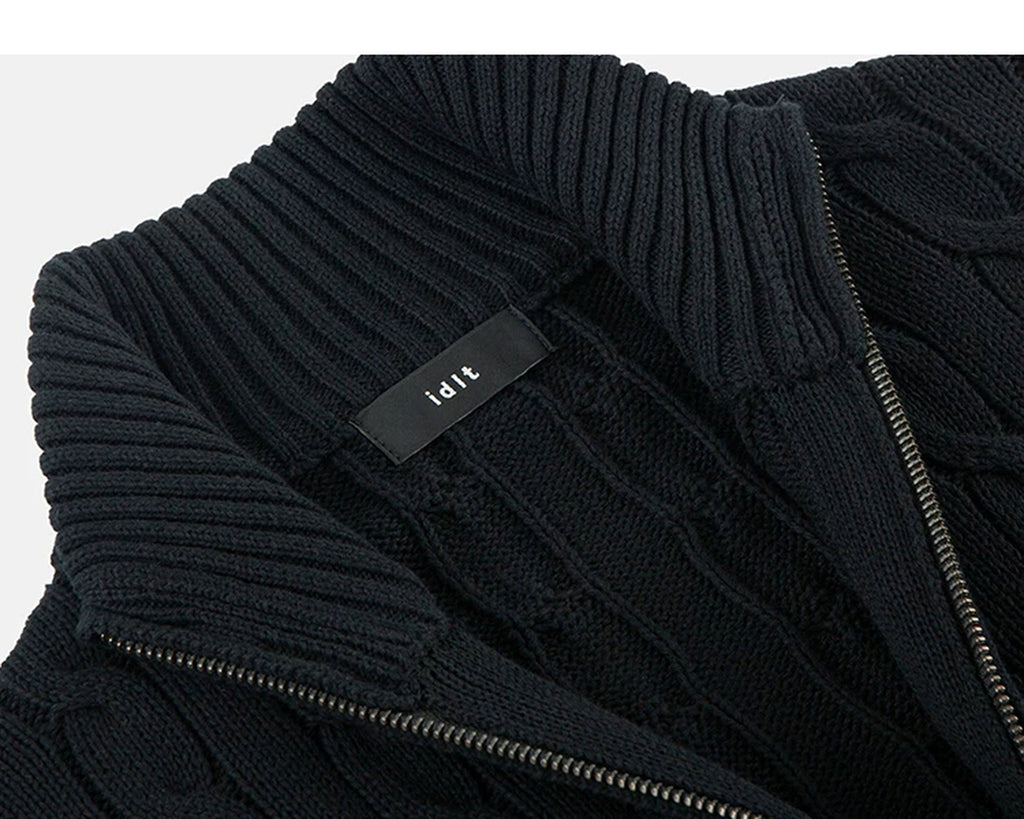 IDLT cable knit zip sweater, black neckline label.