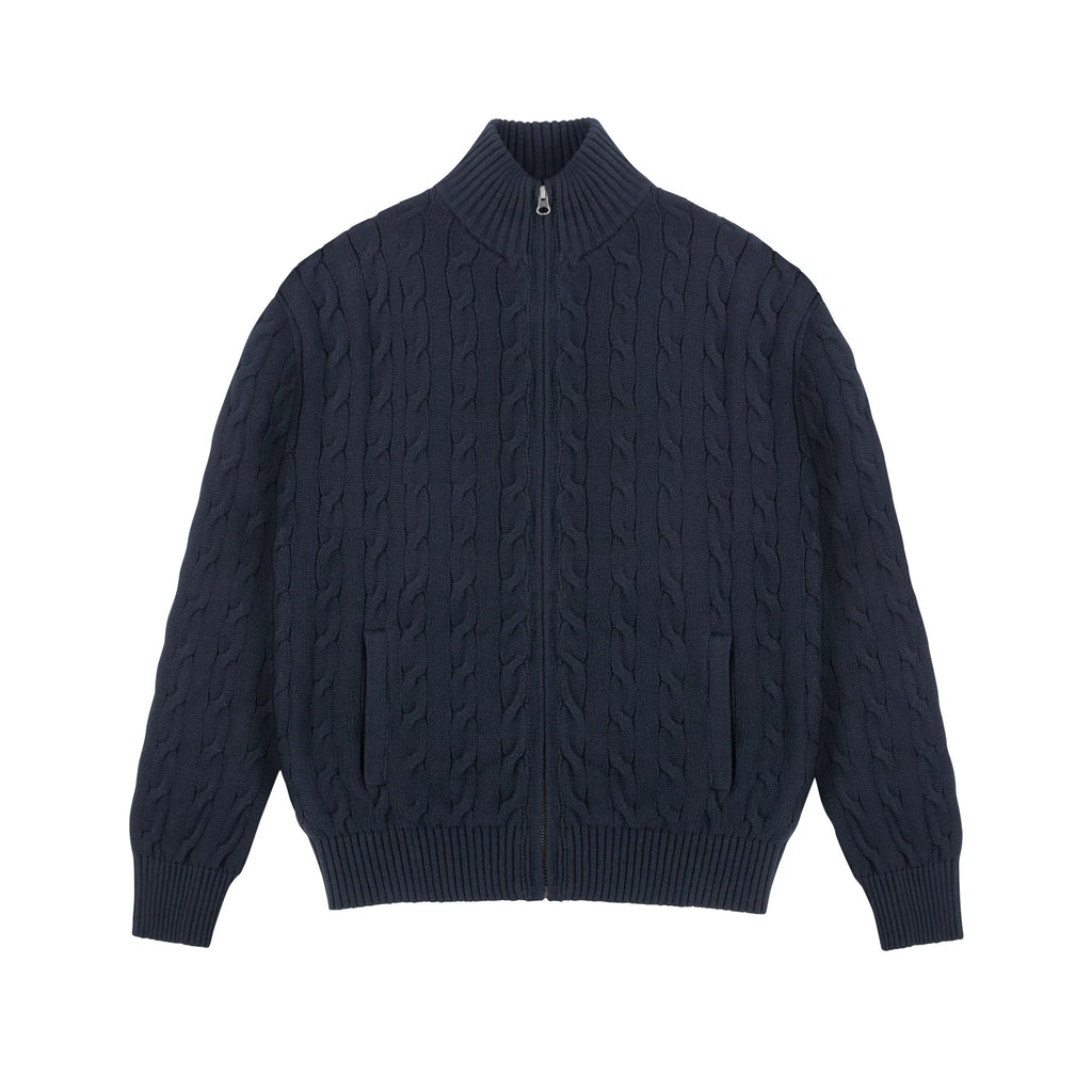 Cable-Knit Zip Cardigan, navy front view.
