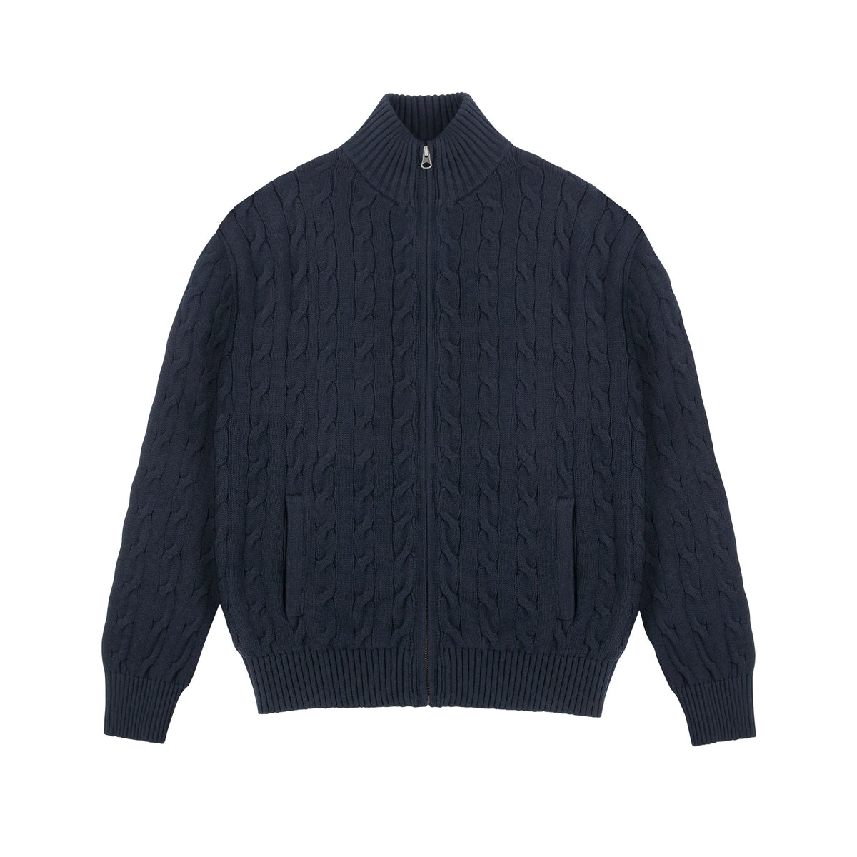 Cable-Knit Zip Cardigan, navy front view.