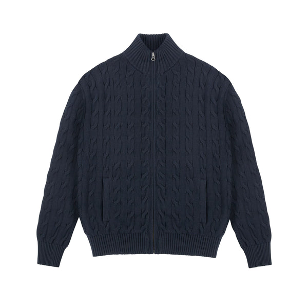 Cable-Knit Zip Cardigan, navy front view.