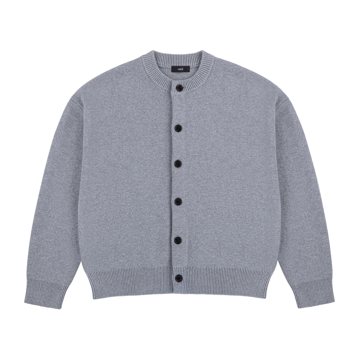 IDLT cardigan, gray front.