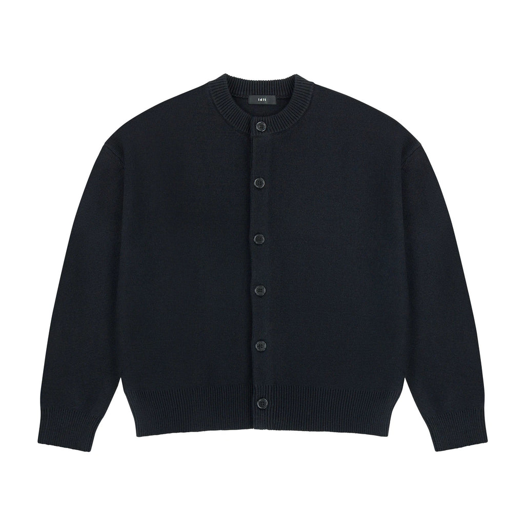 IDLT cardigan, black front.