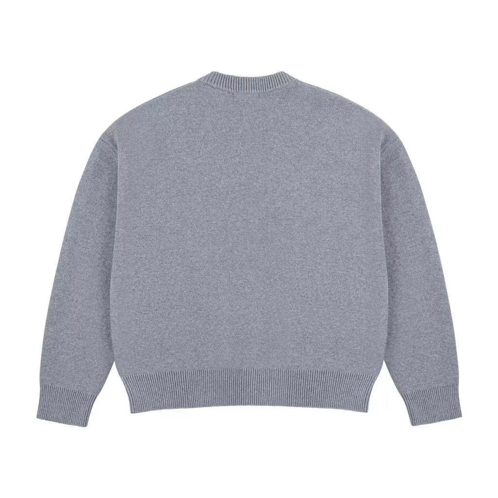IDLT cardigan, gray back.