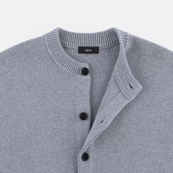 IDLT cardigan, gray open neckline close-up.