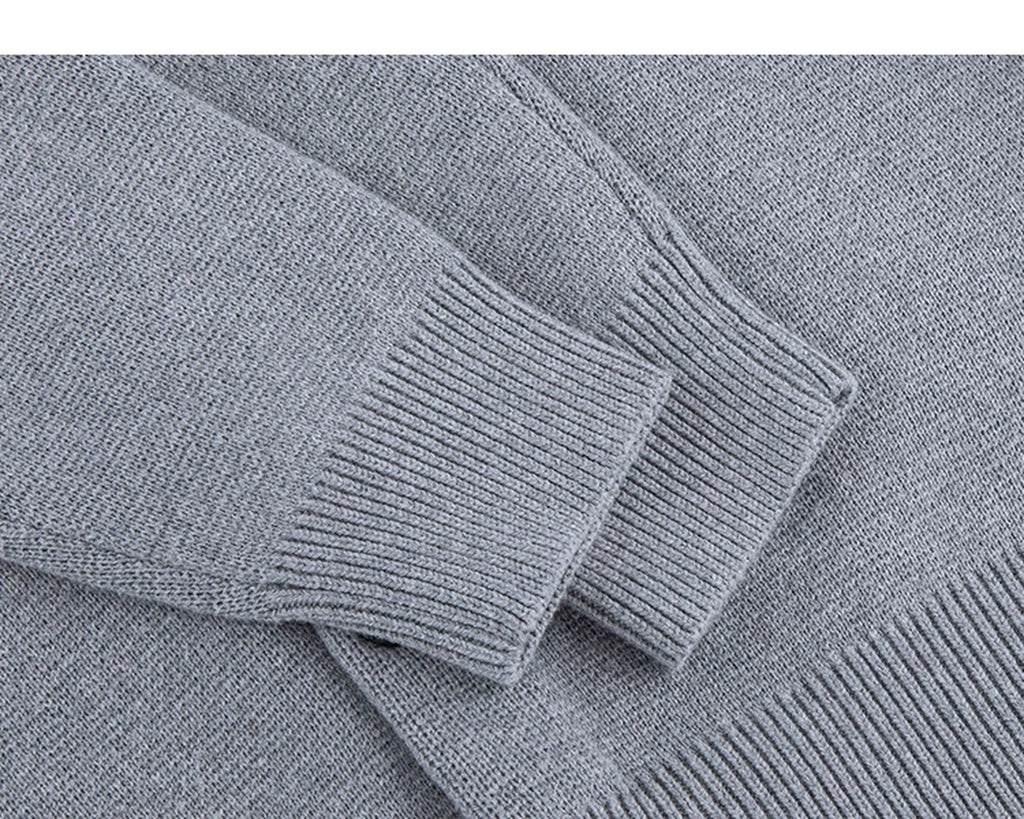 IDLT cardigan, gray ribbed cuffs.