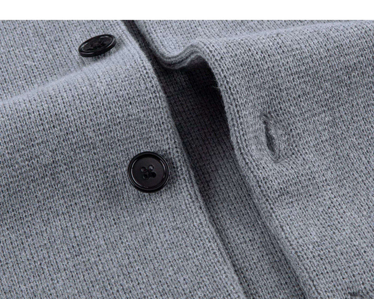 IDLT cardigan, gray button placket.