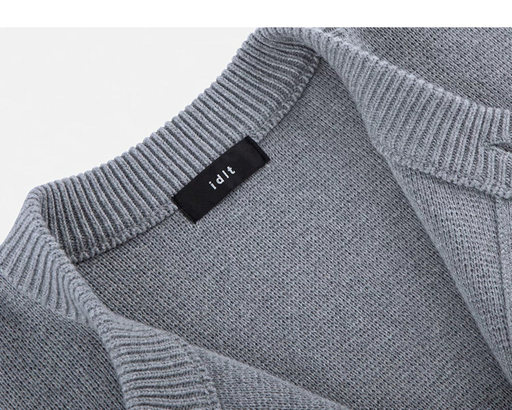 IDLT cardigan, gray neckline label.