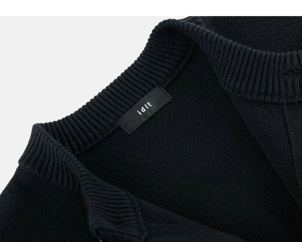 IDLT cardigan, black neckline label.