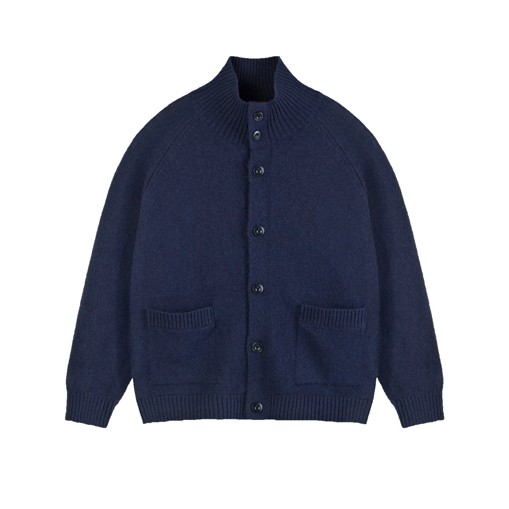 IDLT stand collar cardigan, navy front.