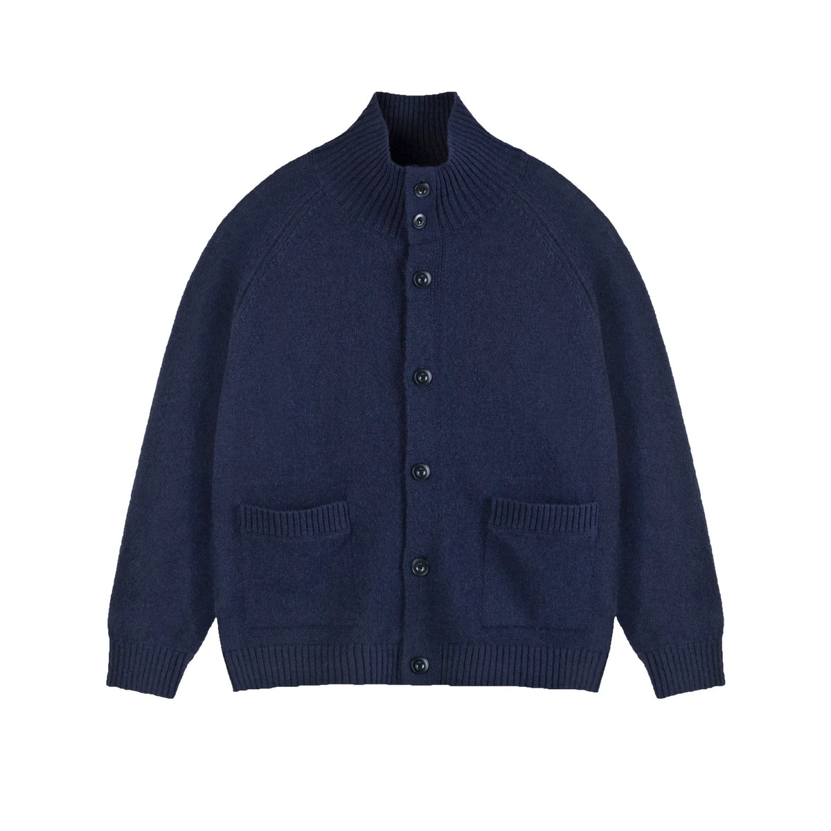 IDLT stand collar cardigan, navy front.