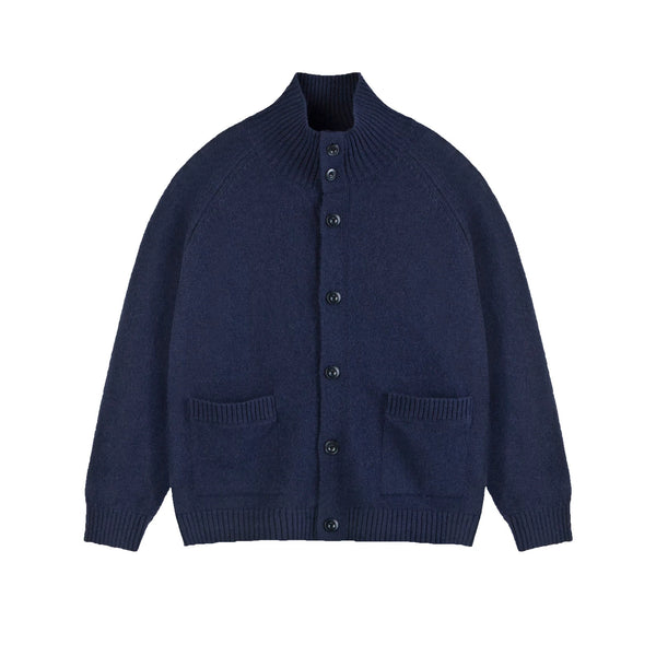 IDLT stand collar cardigan, navy front.