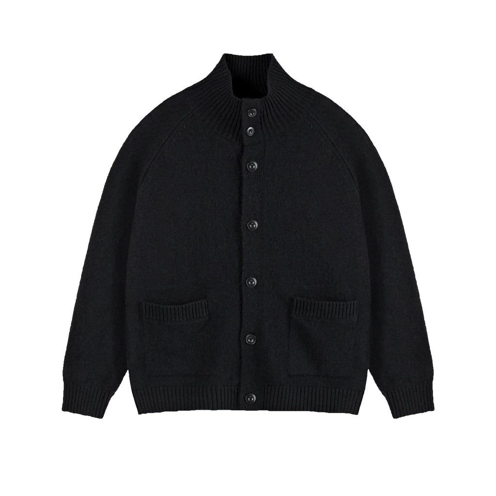 IDLT stand collar cardigan, black front.