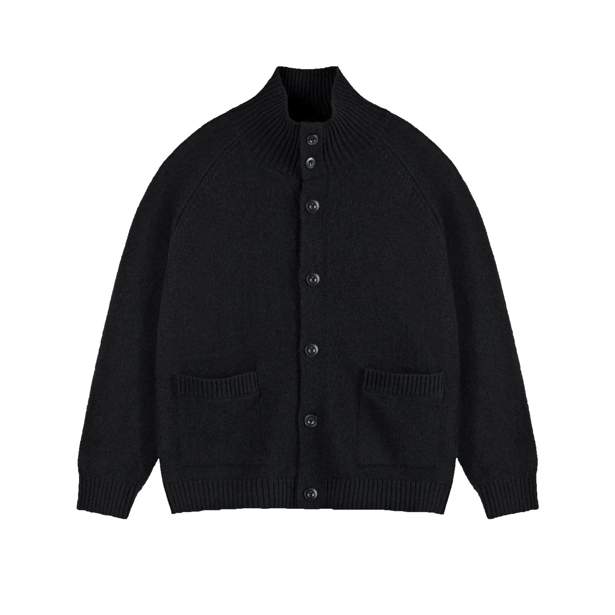 IDLT stand collar cardigan, black front.