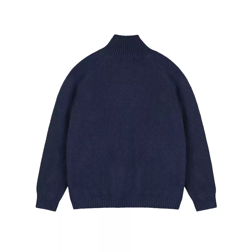 IDLT stand collar cardigan, navy back.