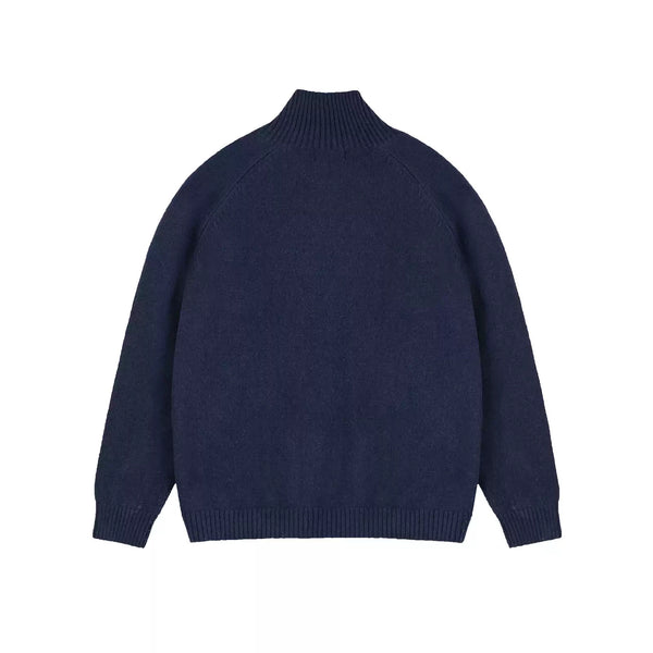 IDLT stand collar cardigan, navy back.