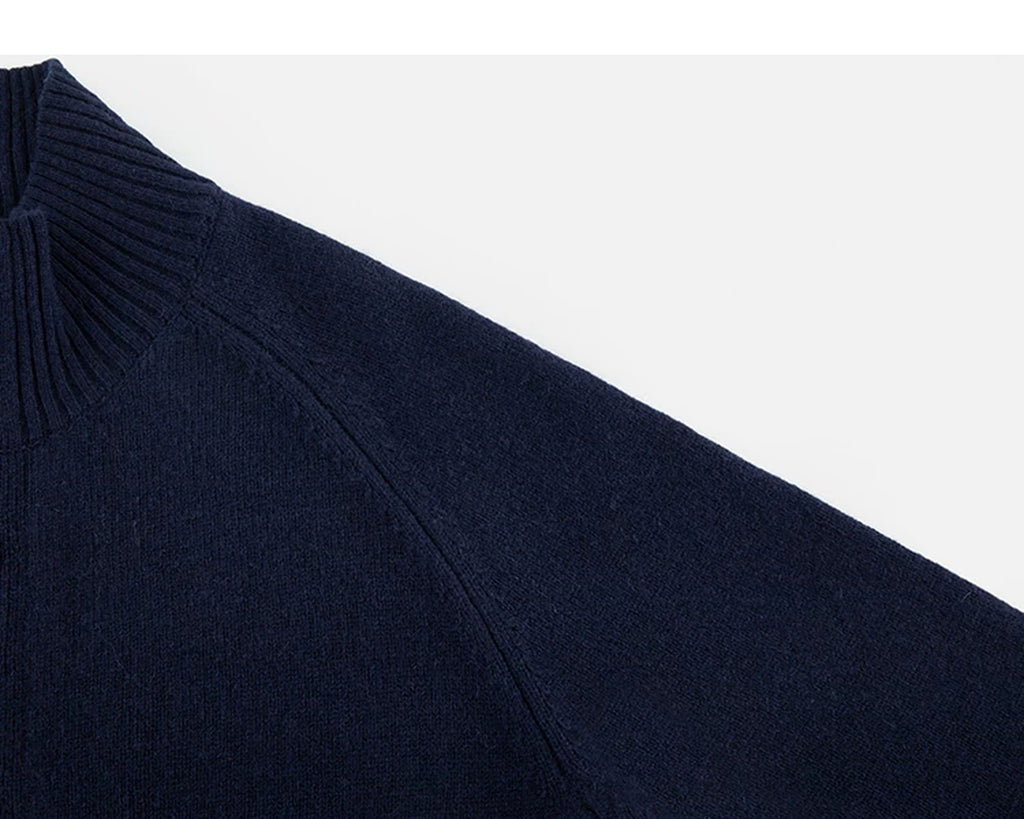 IDLT stand collar cardigan, navy raglan shoulder seam.