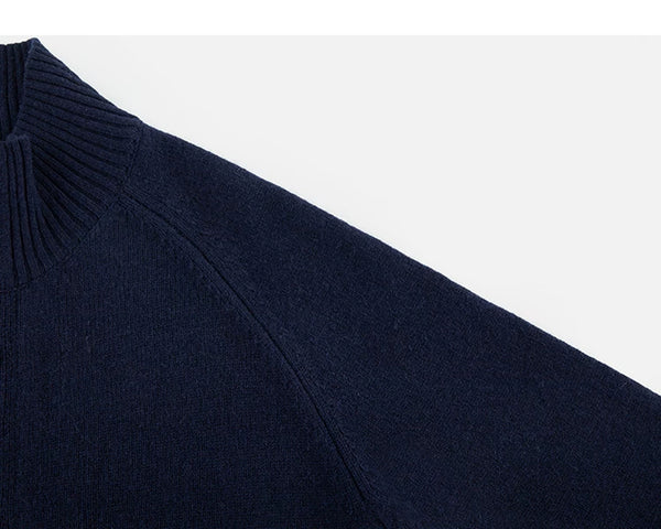 IDLT stand collar cardigan, navy raglan shoulder seam.