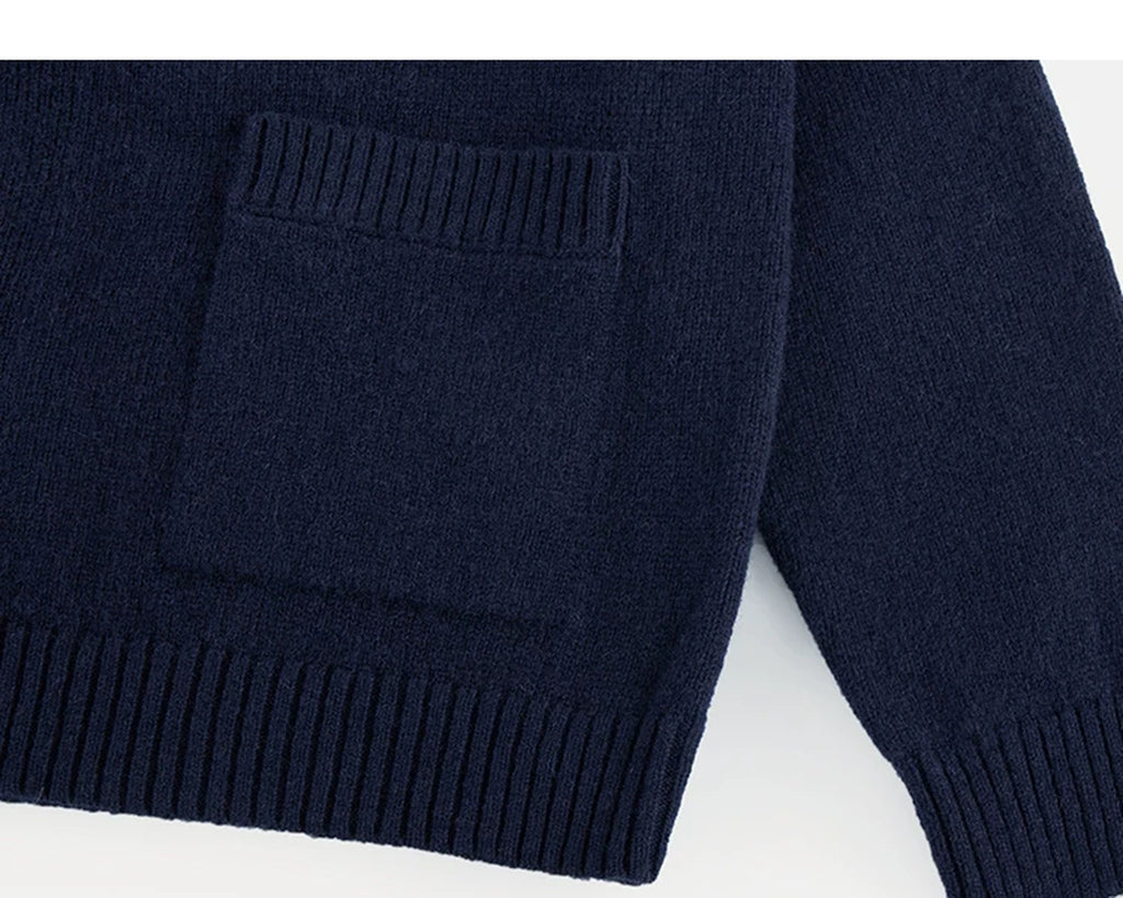 IDLT stand collar cardigan, navy patch pocket and hem.