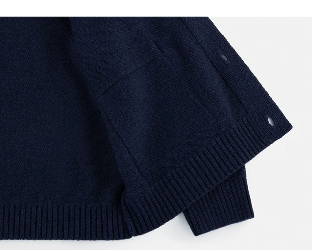 IDLT stand collar cardigan, navy inner pocket.