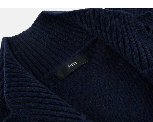 IDLT stand collar cardigan, navy neckline label.