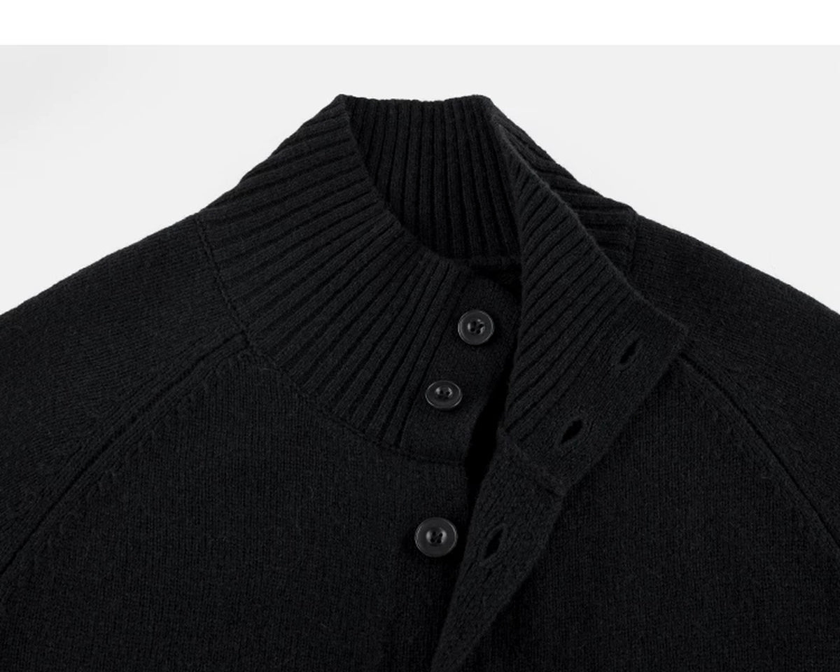 IDLT stand collar cardigan, black collar and buttons.