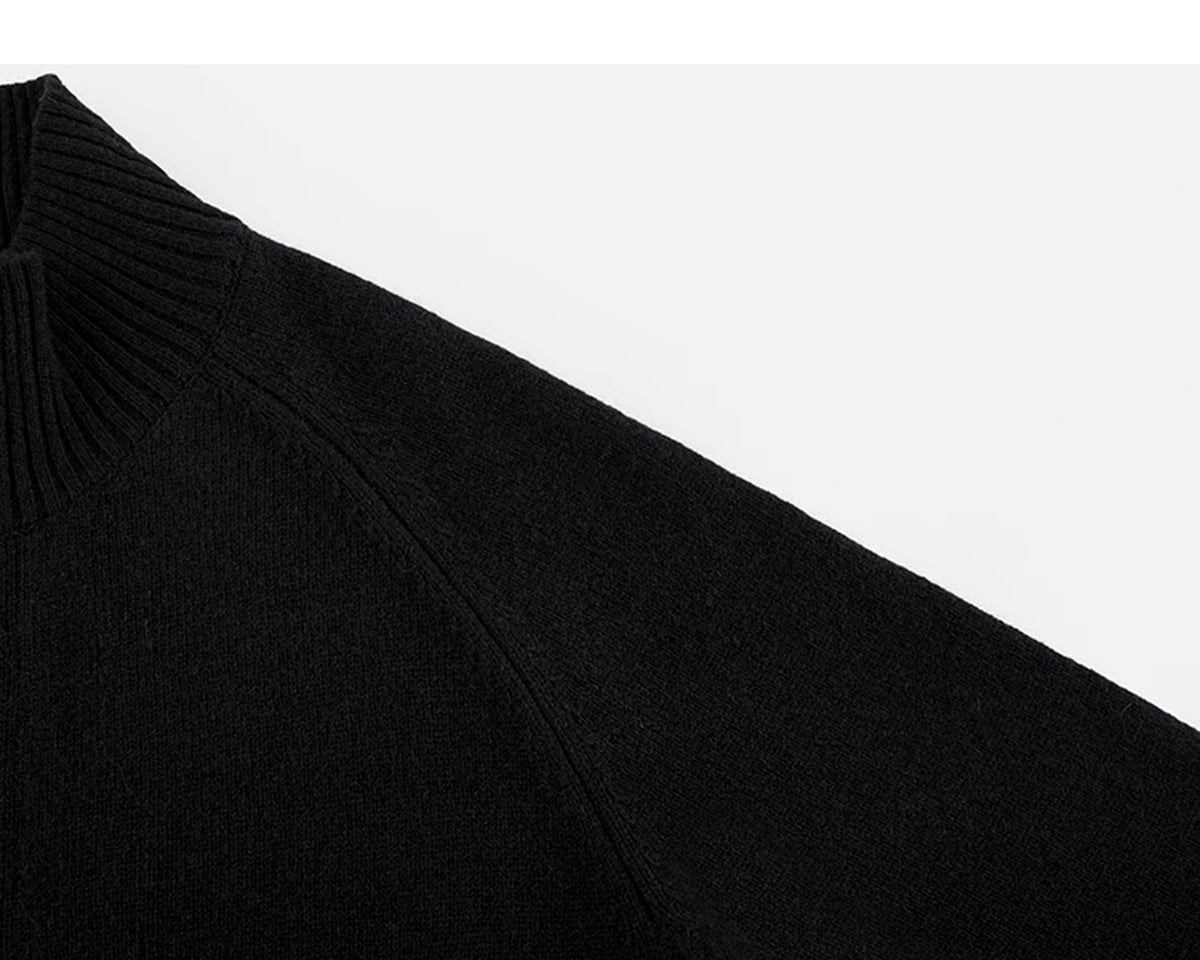 IDLT stand collar cardigan, black raglan shoulder seam.