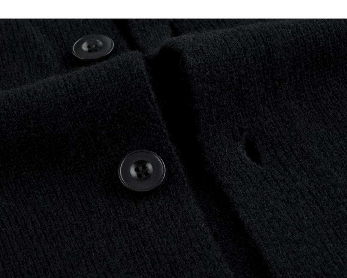 IDLT stand collar cardigan, black button placket.