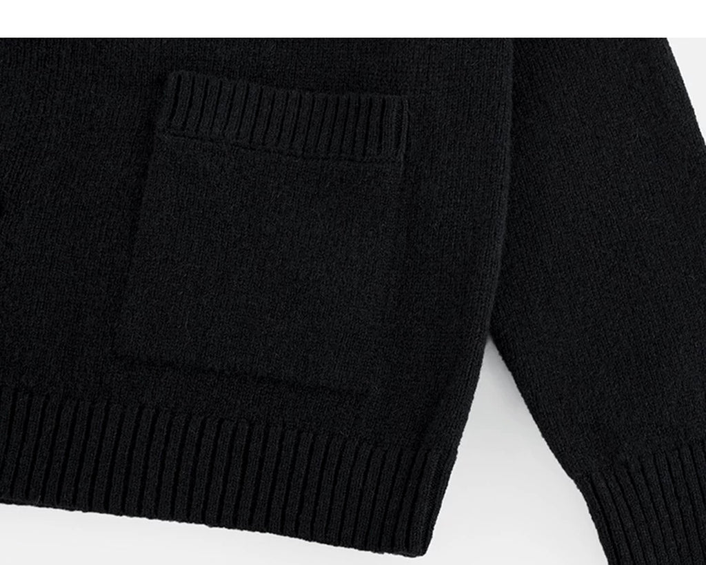 IDLT stand collar cardigan, black patch pocket and hem.