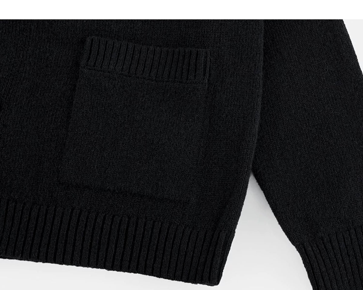 IDLT stand collar cardigan, black patch pocket and hem.
