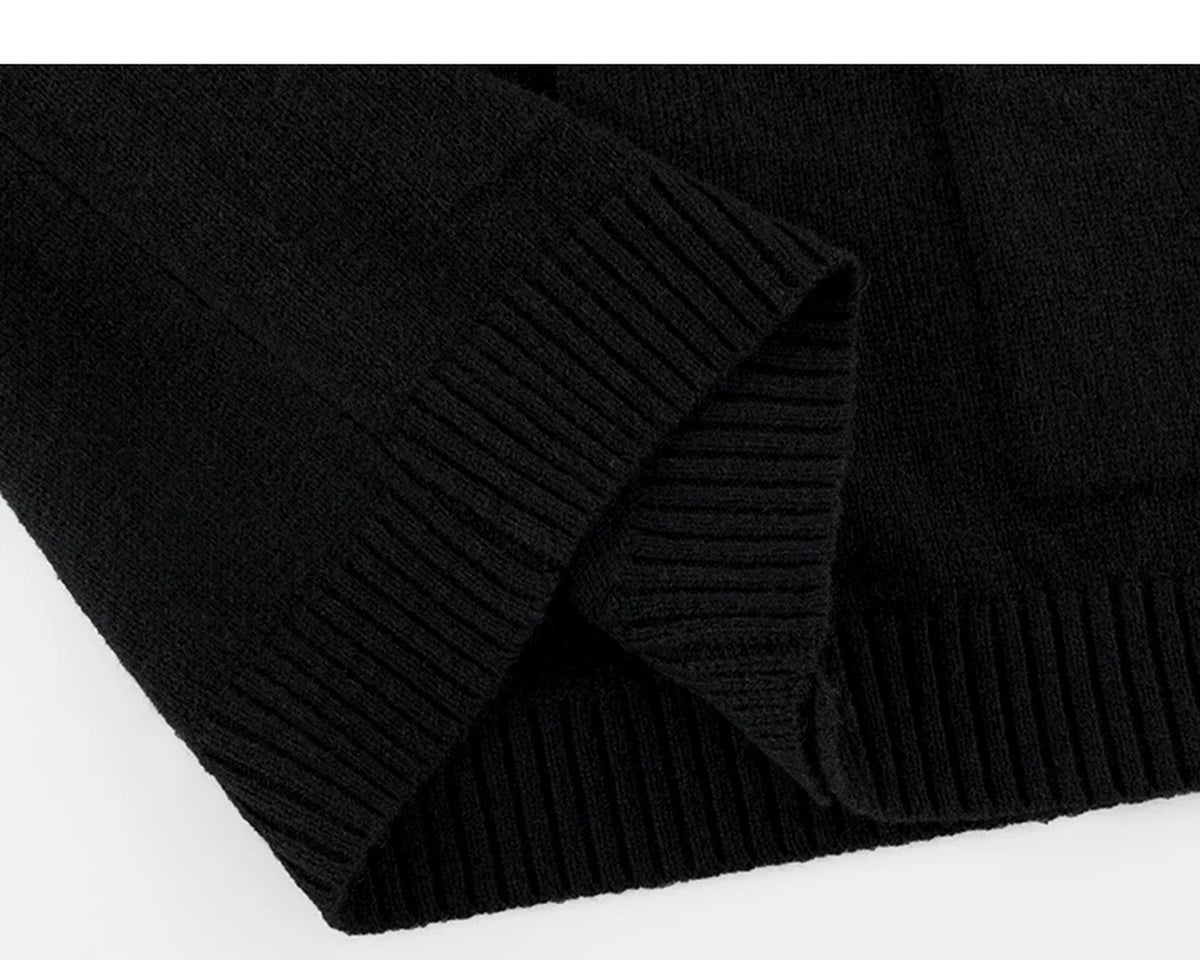 IDLT stand collar cardigan, black folded hem.