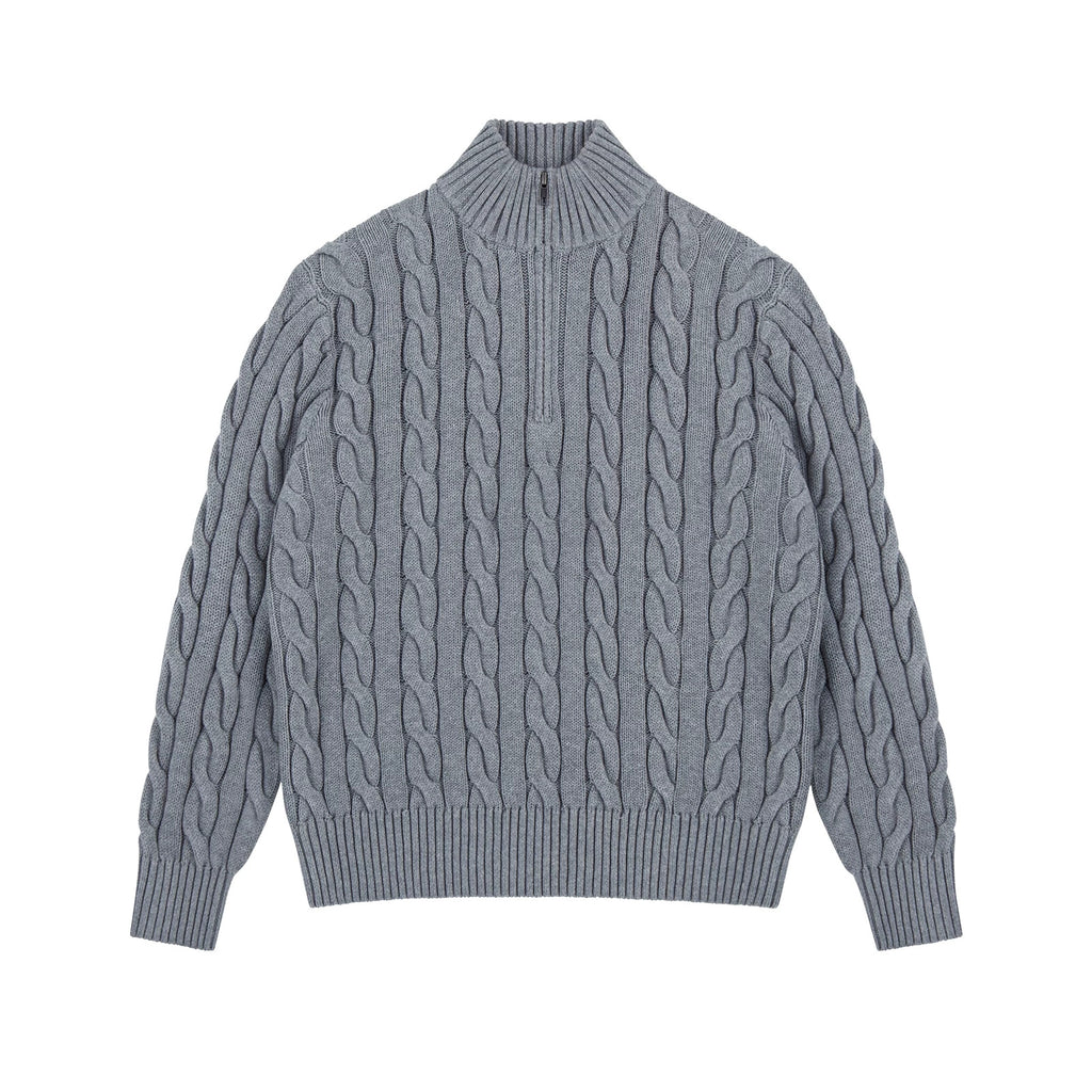 IDLT cable knit half zip sweater, gray front.