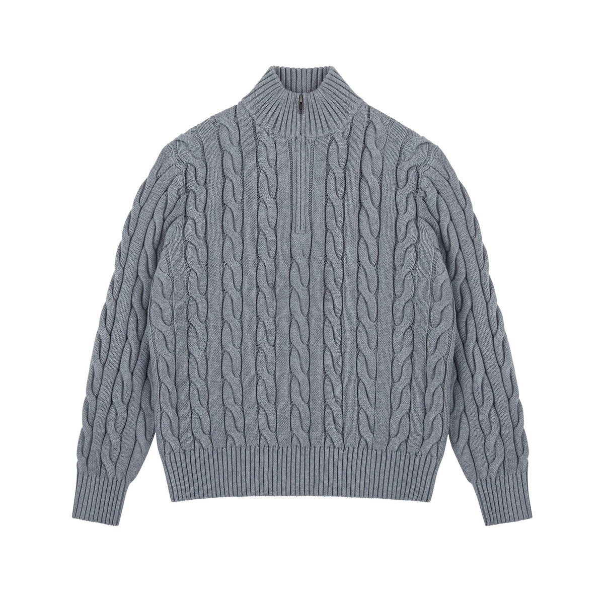 IDLT cable knit half zip sweater, gray front.