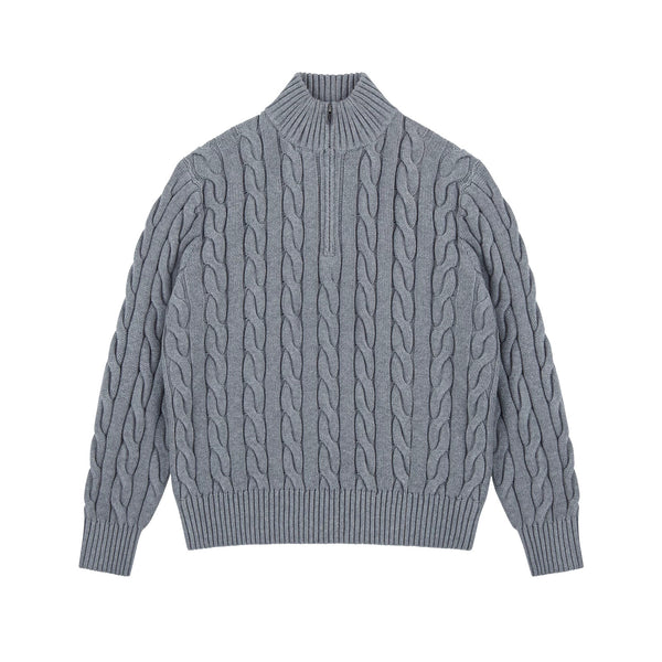IDLT cable knit half zip sweater, gray front.