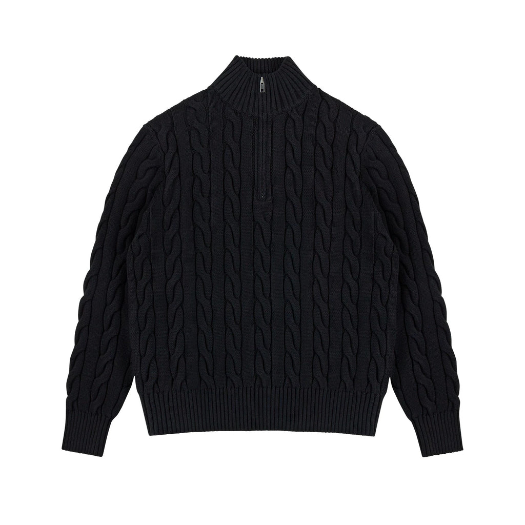 IDLT cable knit half zip sweater, black front.