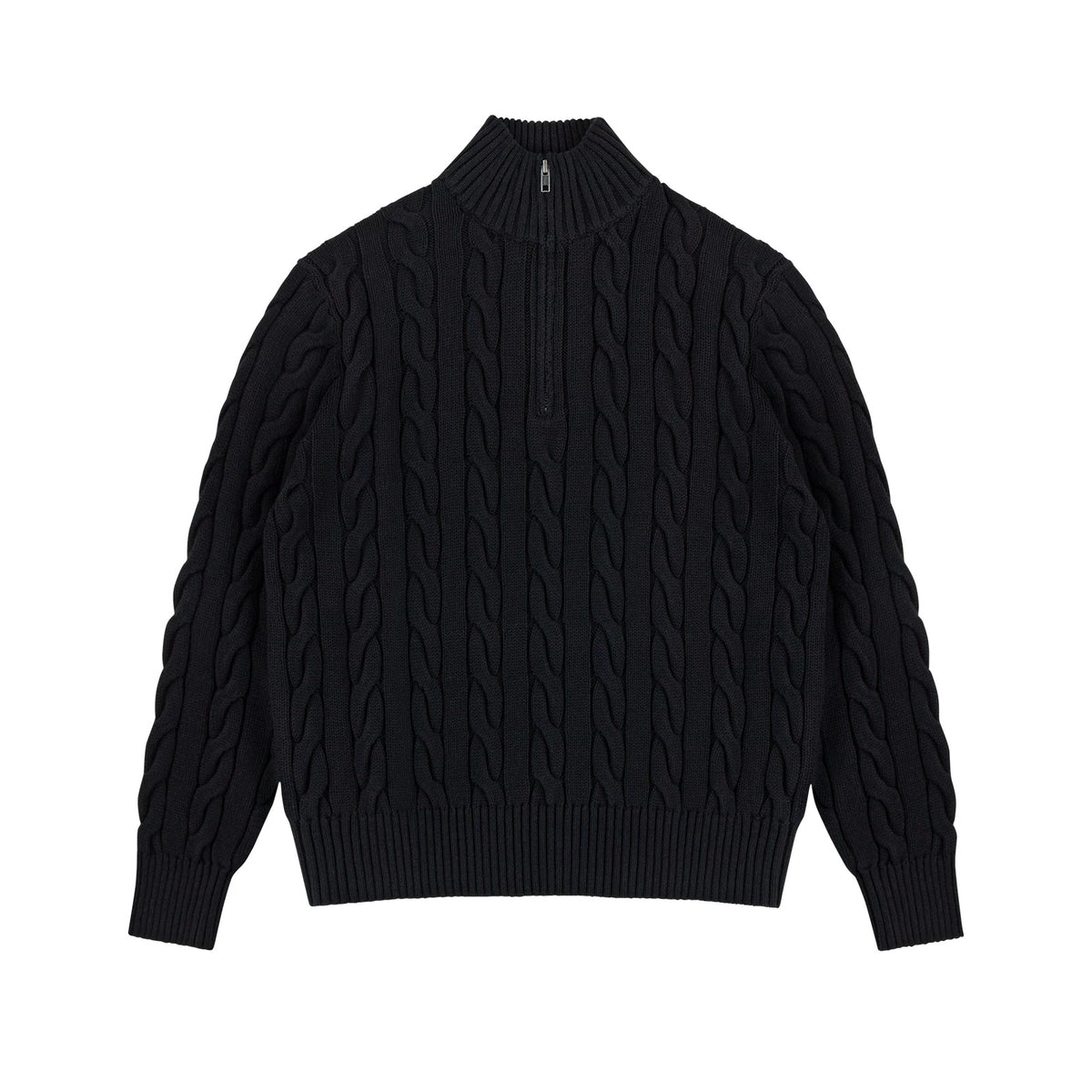 IDLT cable knit half zip sweater, black front.