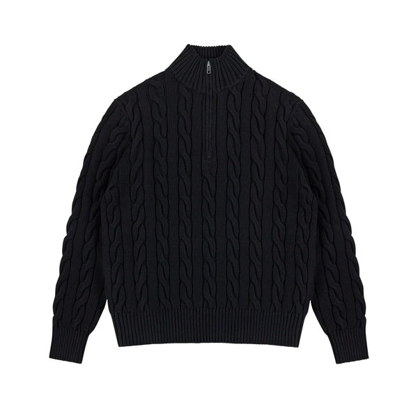 IDLT cable knit half zip sweater, black front.