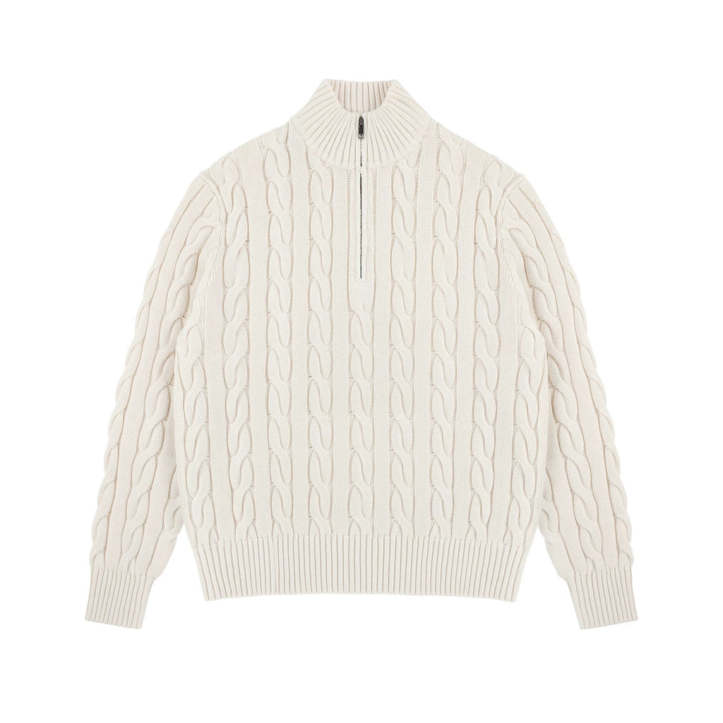 IDLT cable knit half zip sweater, cream front.