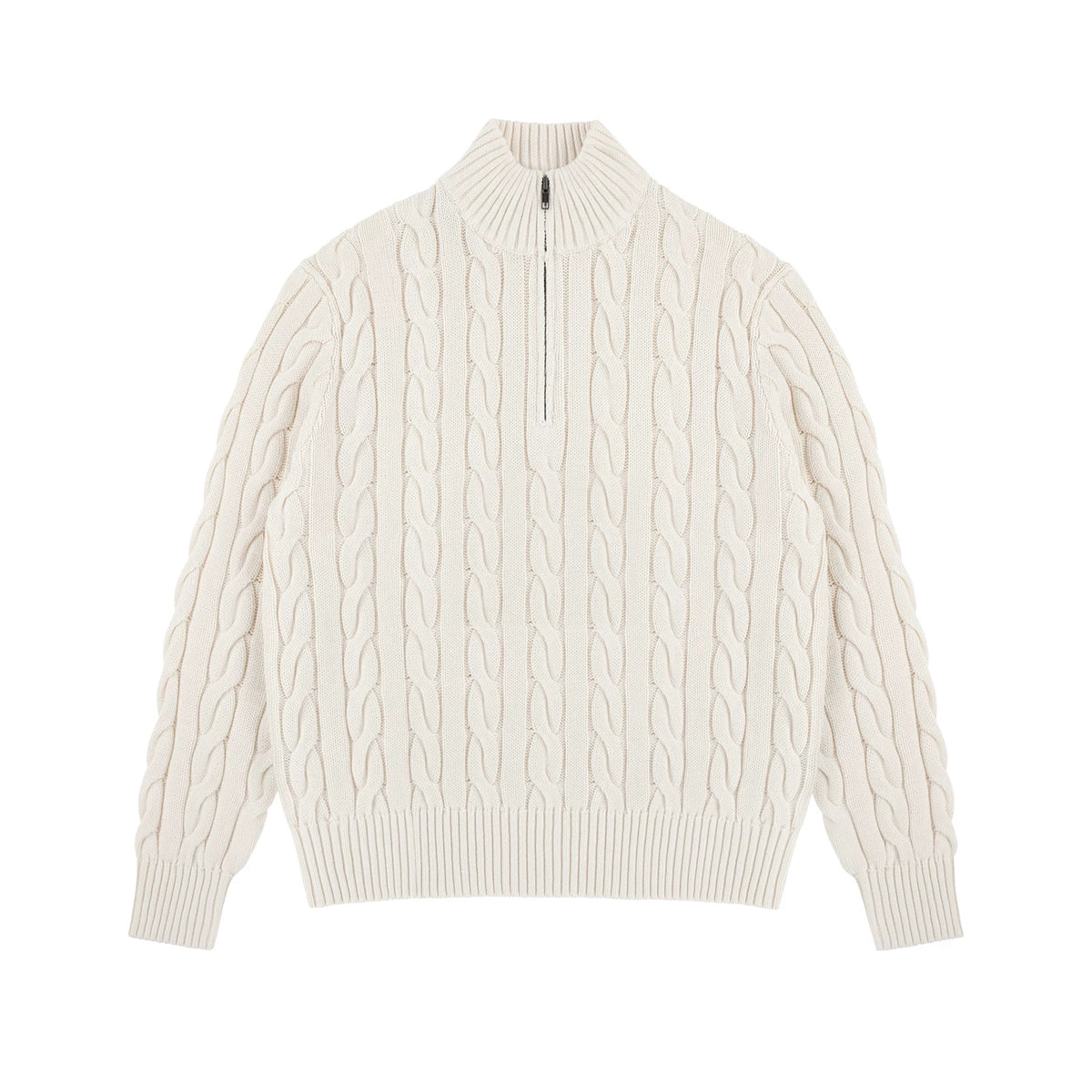IDLT cable knit half zip sweater, cream front.