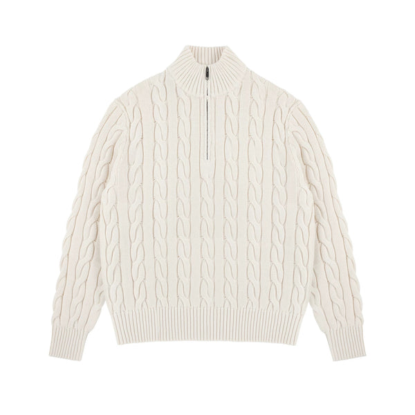 IDLT cable knit half zip sweater, cream front.