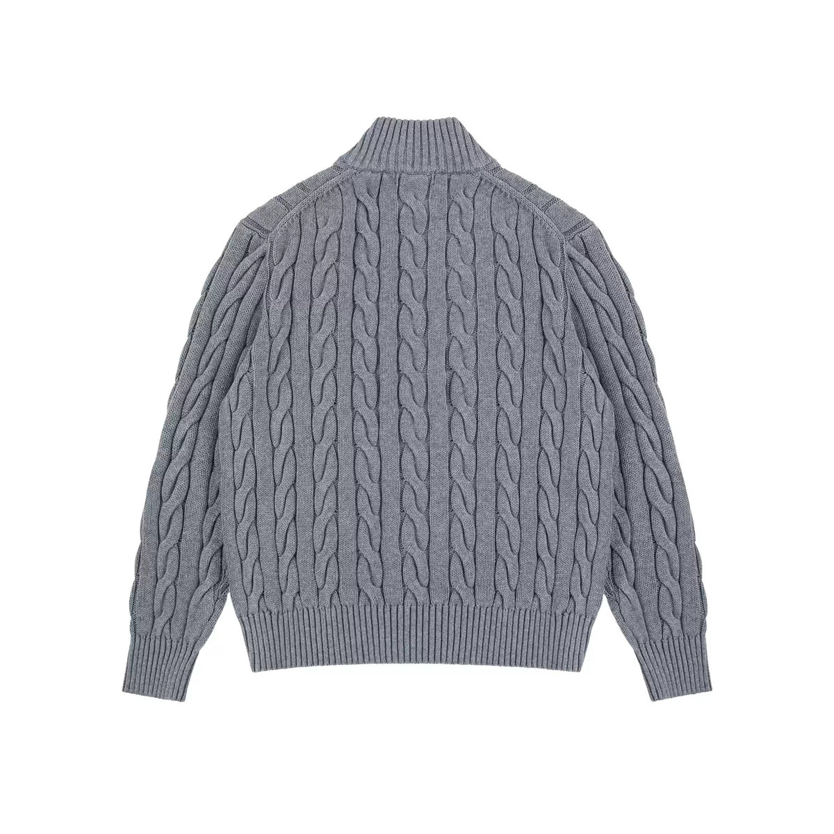 IDLT cable knit half zip sweater, gray back.